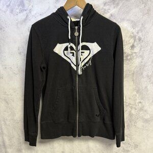 Vintage Y2k Roxy Quiksilver Hoodie Sweatshirt Womens Medium Black  Zip 18.5x24.5
